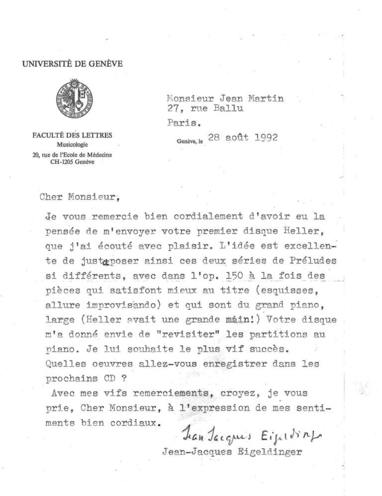 Courrier de Jean-Jacques Eigeldinger
